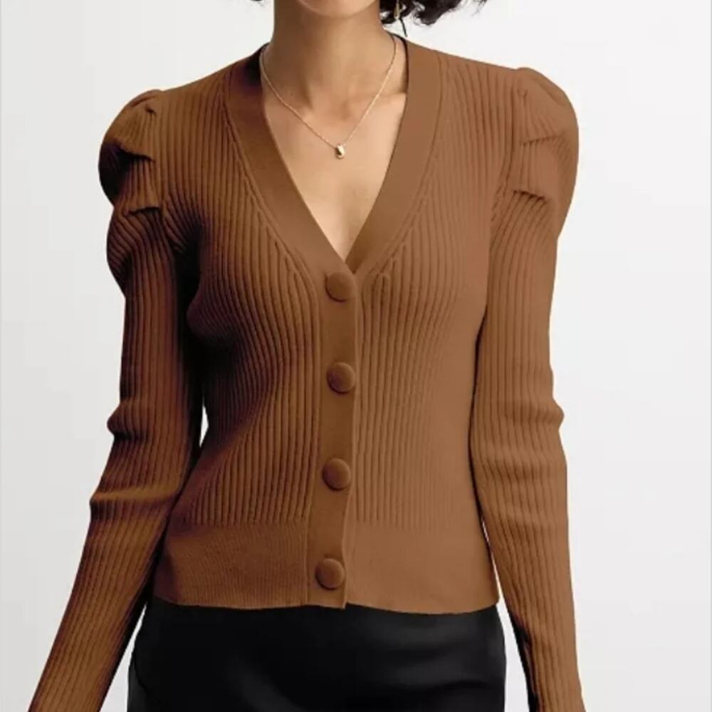 Catherine Malandrino Ribbed Knit Puff Sleeve Cardigan Sweater NEW Large Brown